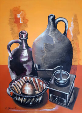 Stillleben Kaffeemühle und Krüge Stillleben Kaffeemühle und Krüge